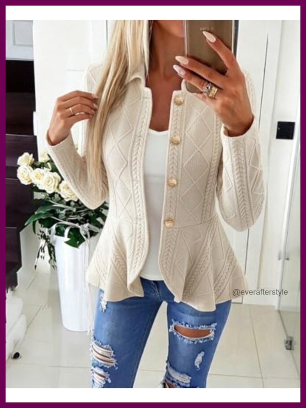 Cable Knit Button Front Ruffle Hem Lightweight Cardigan - Picture 2 of 6